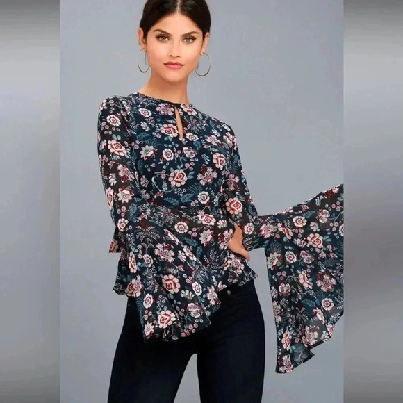 Odine Navy Blue Floral Print Long Sleeve Top Size S - Picture 2 of 7